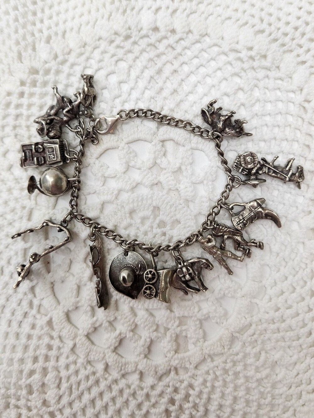 Vintage Sterling Silver 925 Western Theme Charm Bracelet - Cowboy, Boot, Horse